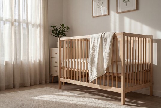 A serene and minimalist nursery room features a natural wood baby crib, soft neutral bedding, sheer curtains, and warm sunlit shadows creating a peaceful ambiance.