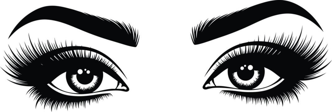 A black and white illustration of a womans eyes with long eyelashes