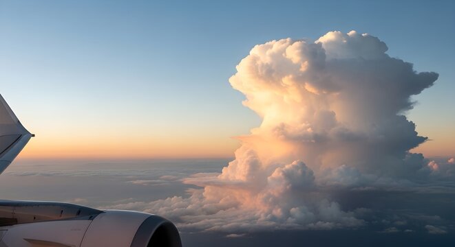 Dramatic aerial view of a towering cumulonimbus cloud illuminated by the golden setting sun.