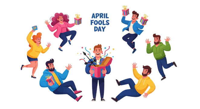 Illustration of people celebrating April Fools' Day with joyful characters in various playful poses, surrounded by colorful confetti and gifts on a white background, conveying a