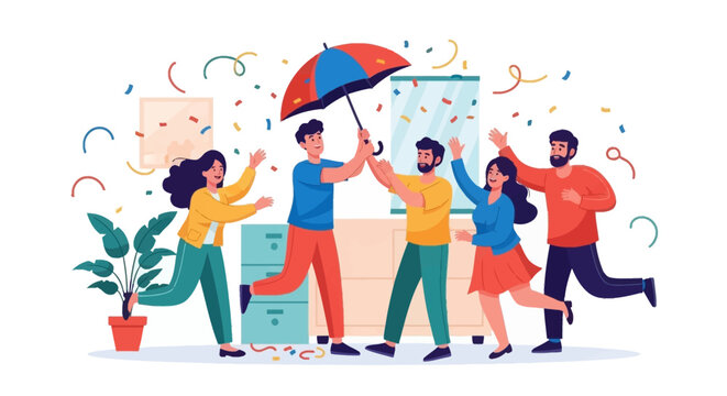 Illustration of diverse people celebrating April Fools' Day with colorful confetti and an umbrella in a joyful scene.