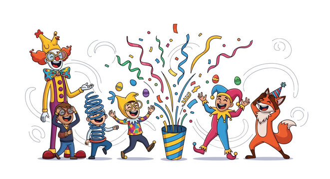 Colorful illustration of people in playful costumes celebrating April Fools' Day with a party popper in a lively and joyful scene.