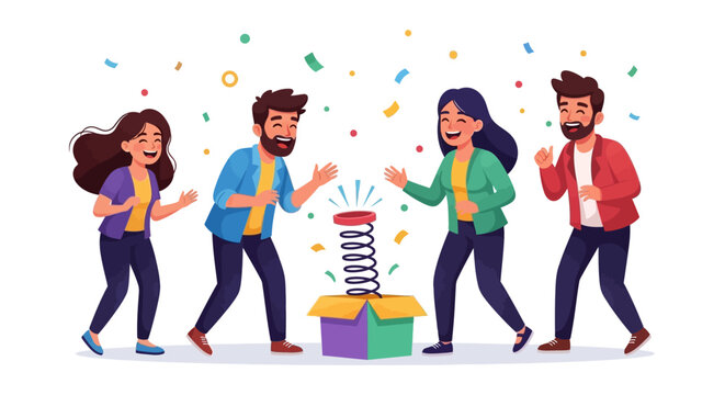 A colorful illustration of four people celebrating April Fools' Day with a surprised expression and confetti, spreading harmless hoaxes as a joke in a playful annual tradition with a