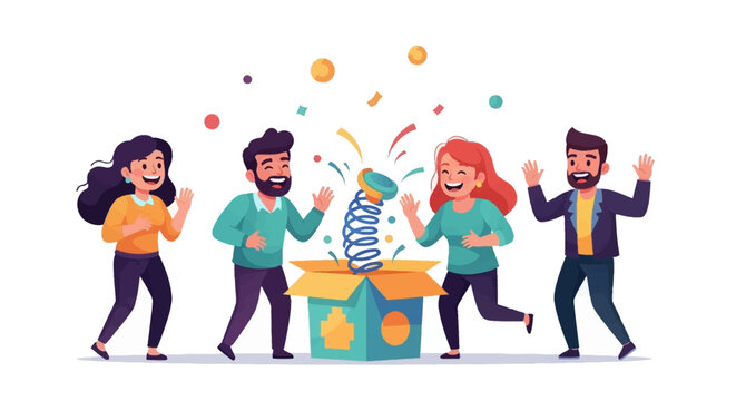 A colorful illustration of four people celebrating April Fools' Day with a popping box and confetti on a white background, conveying a joyful and playful mood with a mix of bright colors.