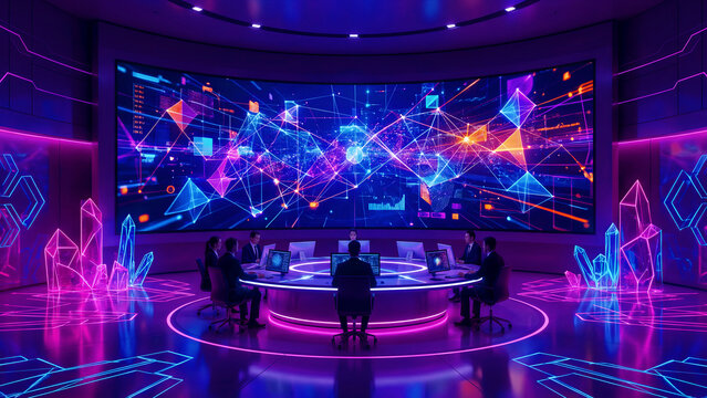 Seven executives in futuristic command center review complex holographic data visualizations on a massive curved digital display screen