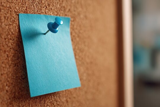 Blue sticky note pinned to corkboard with a pushpin