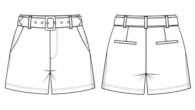 Vector CAD design style illustration of shorts with belt