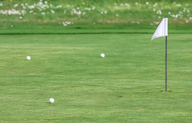 Fototapeta premium White Flag on Putting Green Surrounded by Golf Balls – Precision Practice, Golf Course Detail