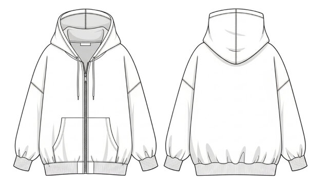 Vector CAD design style illustration of a hoodie in front and back view