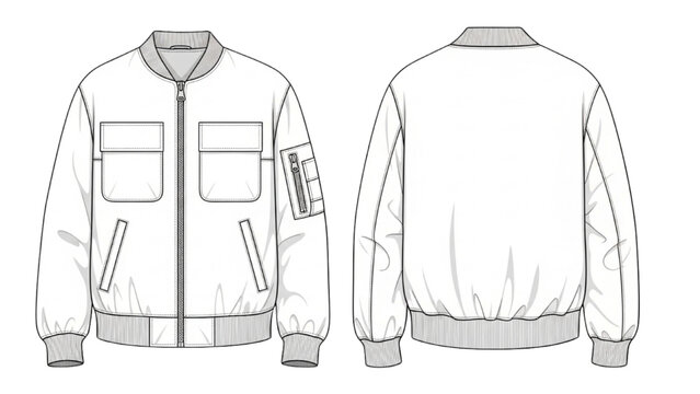 Vector CAD design style illustration of a bomber jacket front and back