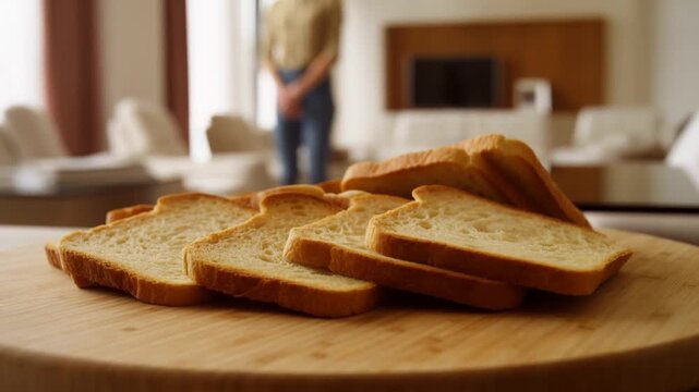 Slices of fresh bread on a wooden cutting board with a blurred background of a cozy living room. Represents home cooking and comfort food