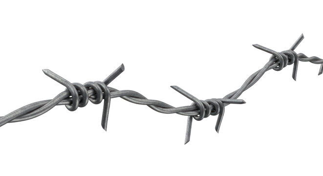 Barbed wire fence section isolated on transparent background, showcasing sharp barbs and twisted metal strands for security and boundary marking