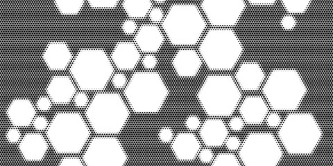 Hexagon halftone gradient texture. Abstract black grunge background. Geometric retro halftone tech overlay. Fading wavy hexagonal pattern backdrop. Vector vanishing honeycomb grunge bitmap wallpaper © Mansur
