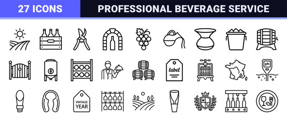 Fototapeta premium Premium Viticulture and Oenology Line Icons Featuring Vineyard Management Winery Production Sommelier Services and Wine Tasting Equipment
