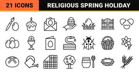 Fototapeta premium Easter Holiday and Religious Celebration Minimalist Monoline Icons featuring Geometric Eggs Rabbits Crosses and Spring Season Symbols in Thin Line Style