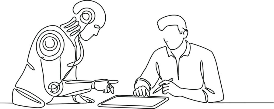 continuous line drawing depicting a collaboration between a humanoid robot and a human, often used to illustrate concepts related to artificial intelligence and technology. 