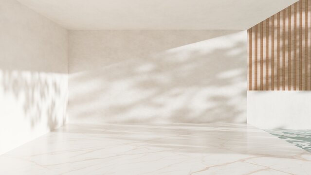 Empty modern minimal room corner, white marble floor, concrete walls, natural sunlight with leaf shadows, decorative wood slat panel, background, copy space