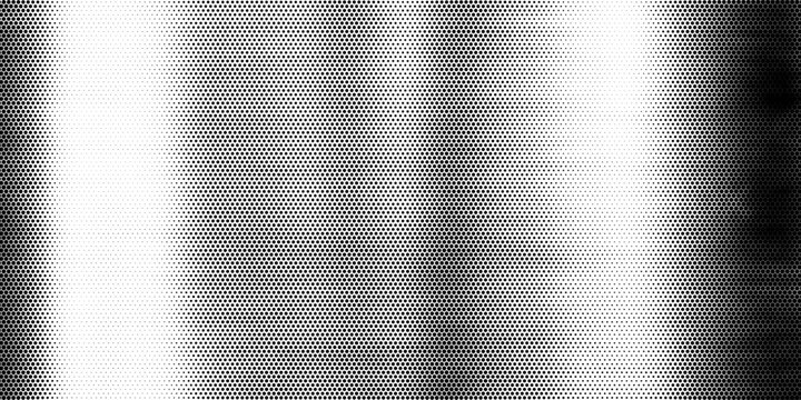 Hexagon halftone gradient texture. Abstract black grunge background. Geometric retro halftone tech overlay. Fading wavy hexagonal pattern backdrop. Vector vanishing honeycomb grunge bitmap wallpaper