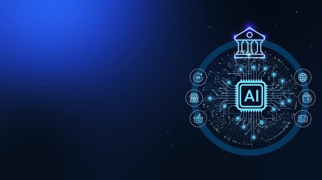 4K Fintech Blue AI Banking Core. Glowing Circular Circuit with Central Bank Icon and Neural Data Flow.