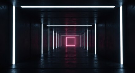 Naklejka premium Dark corridor with glowing square and rectangular light frames