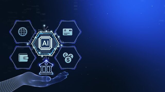 4K Fintech Blue Agentic AI Presentation. Digital Hand Presenting Banking Hexagon Nodes and Financial Icons.