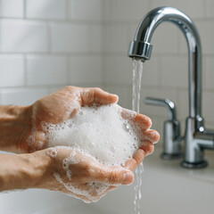 Fototapeta premium Generative AI illustration of adult hands washing with rich white soap foam under running water