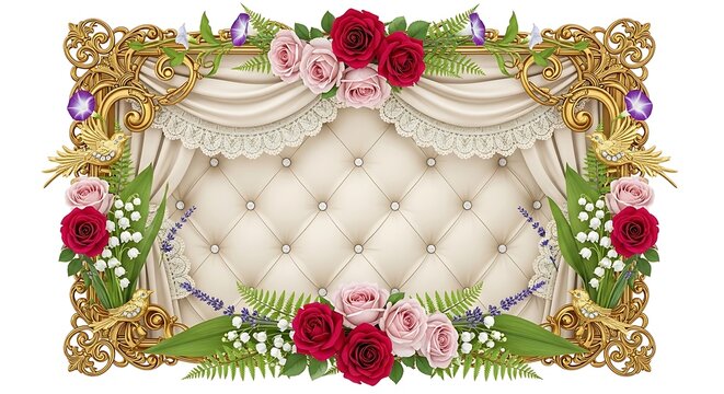 A beautifully decorated gold frame with flowers and pearls on a white background