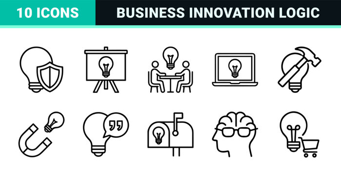 Creative Idea Concept and Brainstorming Process Monoline Outline Icons for Business Innovation Strategy and Cognitive Development Solutions