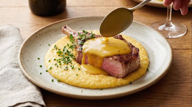 A gourmet plated steak served on creamy polenta with sauce being poured, capturing fine dining cuisine, elegant presentation, and rich culinary experience.