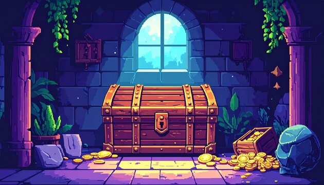 Pixel art, abandoned treasure chest in a fantasy room