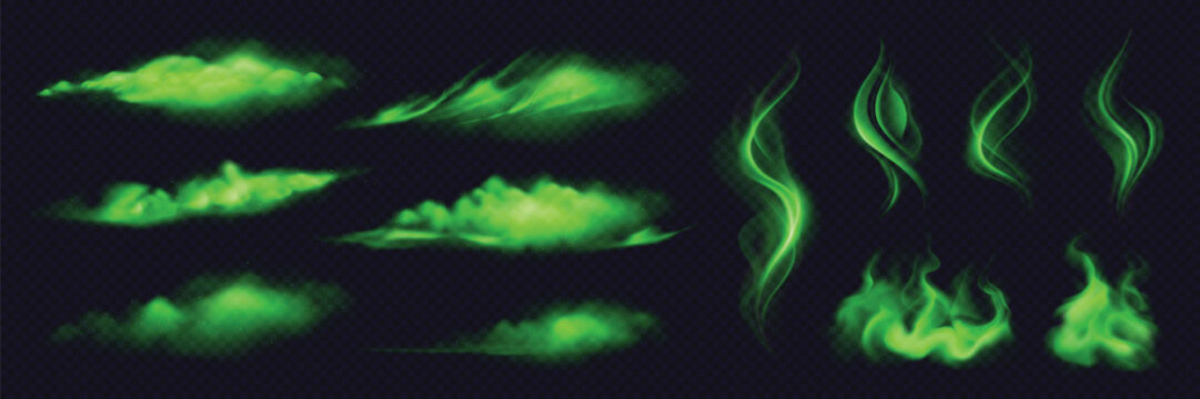 Set of green toxic smoke, magical fog, and glowing fire elements