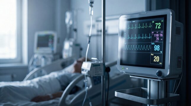 Medical Monitor Vigil: A close-up shot of a vital signs monitor in a modern hospital room, displaying critical health data, hinting at the dedicated care and treatment being administered. 