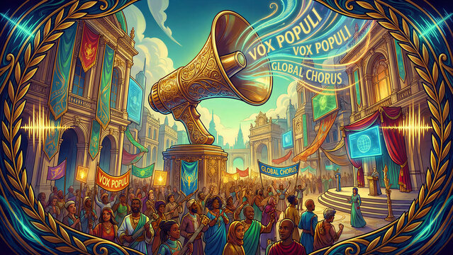 Grand monumental golden megaphone symbolizes global voice vox populi rallying diverse citizens amid ornate architectural celebration