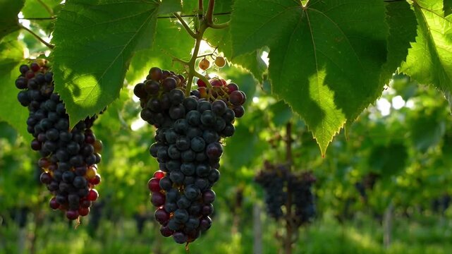 Close up of ripe grapes hanging on the vine with green leaves and sunlight