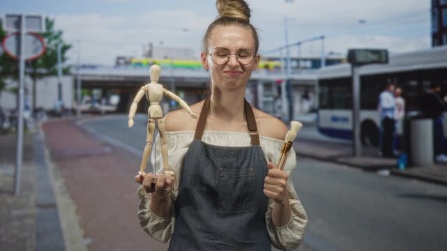 Woman holds wooden mannequin in left hand and paintbrush in right hand on street beside bus stop, wearing apron and round glasses while making a slight smirk; playful creativity.