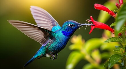 Naklejka premium A vibrant hummingbird in flight, sipping nectar from a bright red flower in a lush green environment.