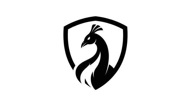 Elegant peacock emblem within a shield shaped frame design on a white background