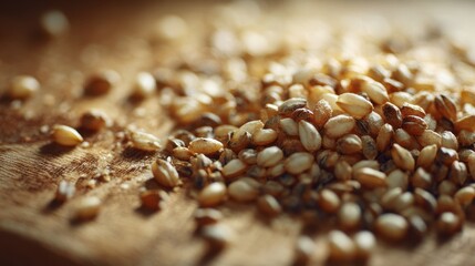 Obraz premium Close-up macro photograph of millet grains on a warm wooden surface with golden beige tones