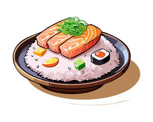 Bowl of rice topped with grilled salmon slices and served with a side of maki sushi - Vector Illustration © powdesign