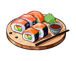 Variety of fresh maki sushi rolls with salmon and cucumber served on a round wooden tray - Vector Illustration © powdesign