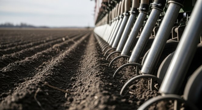 Agricultural machinery preparing soil for planting with plowing equipment in field rows. Farm machinery showcases efficient tilling and soil preparation for optimal crop planting.