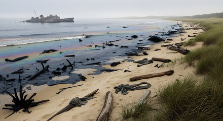 Fototapeta premium Environmental disaster Oil spill pollutes a sandy beach with a shipwreck in the distance