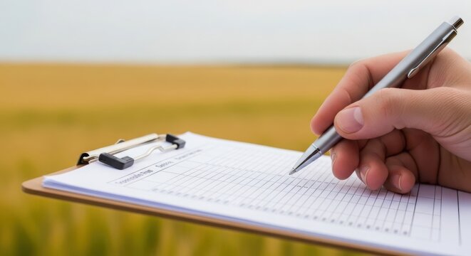 Hand holding pen writing on clipboard in field, agricultural document preparation for farm management and data collection. Analyzing harvest data in countryside environment for agricultural research.