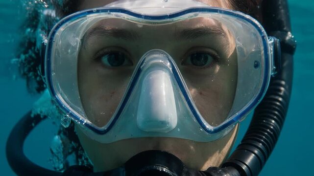 Young female diver with snorkel mask and breathing tube underwater, showcasing facial expression and clear visibility of bubbles in a vibrant blue ocean environment