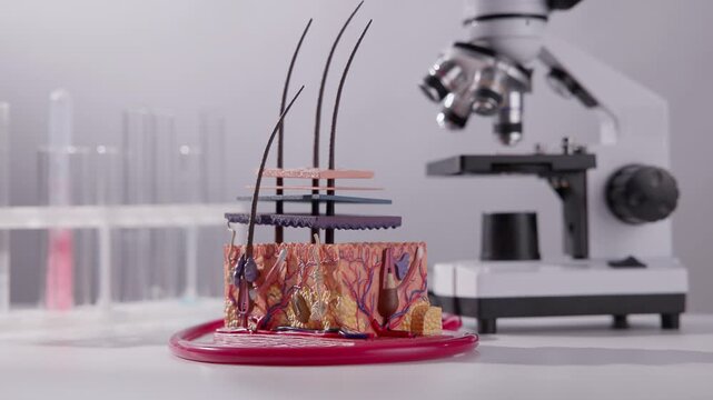Tracking shot of skin model with hair follicles on laboratory bench beside microscope..
