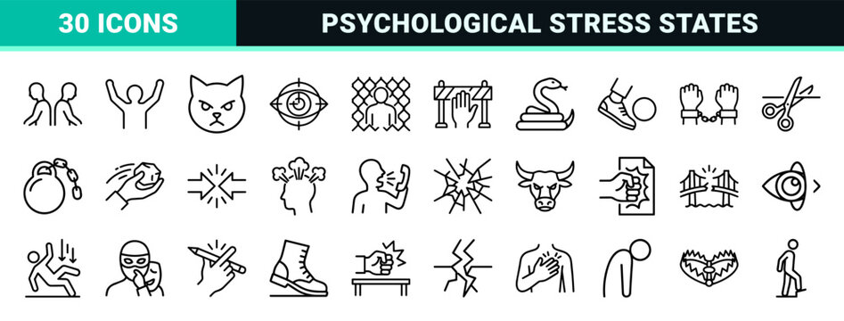 Human Aggression and Psychological Conflict Icon Set featuring Minimalist Geometric Outlines for Behavioral Science and Social Apps.