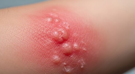 Fototapeta premium Inflamed skin lesion with bubbles and redness on the arm. Skin condition includes painful blisters and irritation on surface, causing discomfort and concern for health.