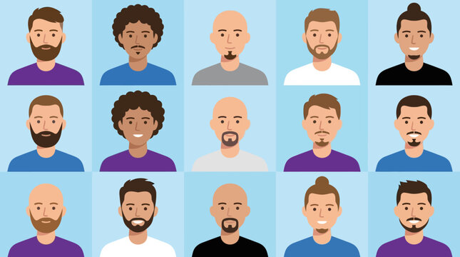 A grid of diverse male avatars showcasing various hairstyles, facial hair, and skin tones against a light blue background.