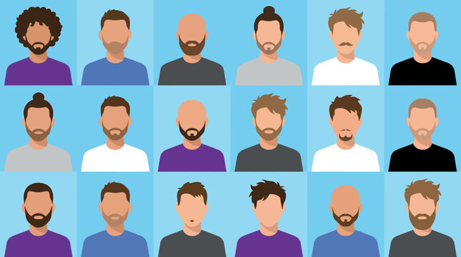 A grid of diverse male avatar illustrations showcasing various hairstyles, facial hair, and bald looks, representing different men's profiles.