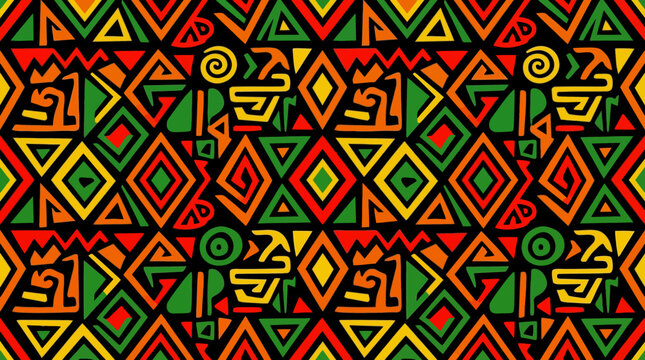 Vibrant seamless African tribal pattern with geometric shapes in red, green, yellow, and orange on a black background, showcasing traditional design elements.